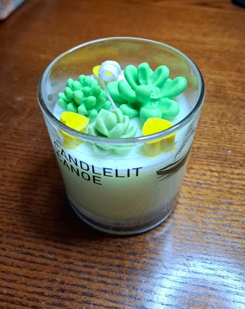 Green Glass Candle Cup with Cactus